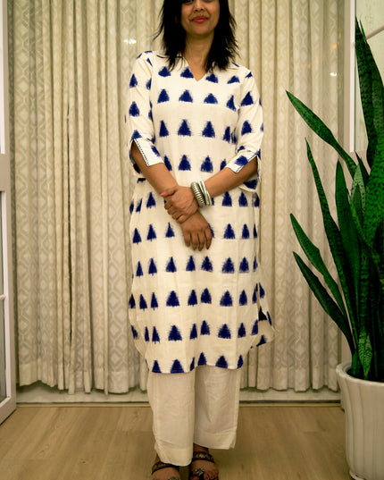 Trikona Bloom Ikkat Cotton Apple Cut White Kurti