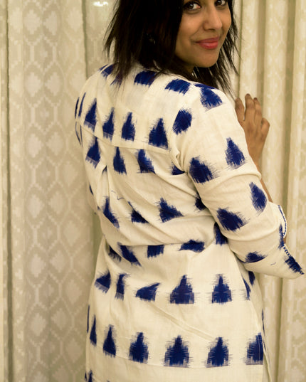 Trikona Bloom Ikkat Cotton Apple Cut White Kurti