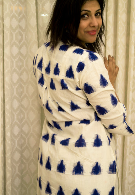 Trikona Bloom Ikkat Cotton Apple Cut White Kurti