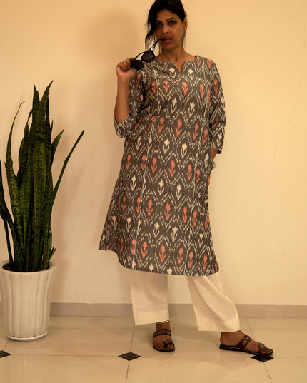 Threaded Angle – Ikkat Cotton A-Line Blue Kurti
