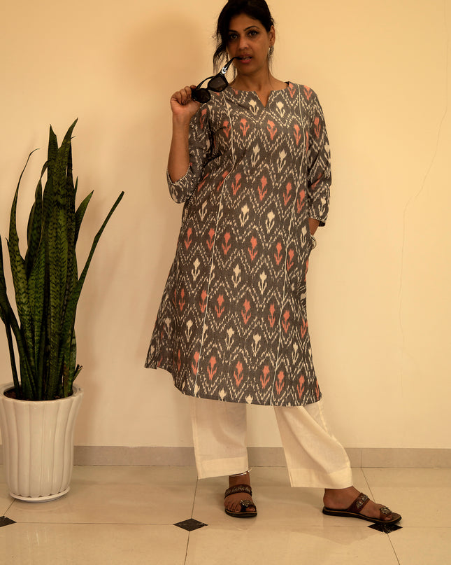 Threaded Angle – Ikkat Cotton A-Line Blue Kurti