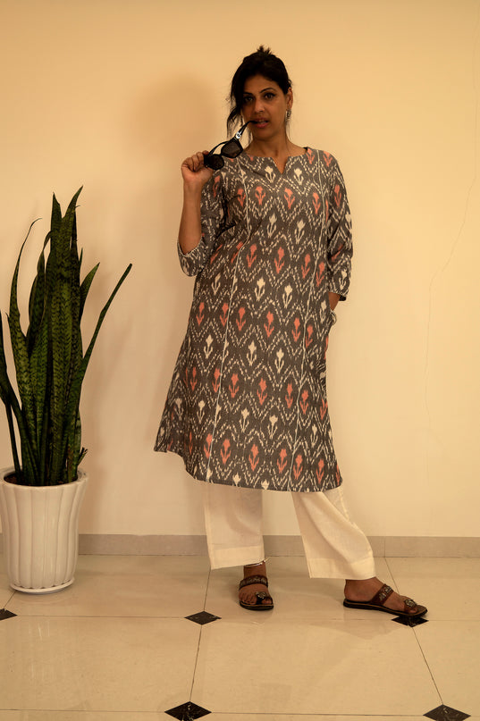 Threaded Angle – Ikkat Cotton A-Line Blue Kurti
