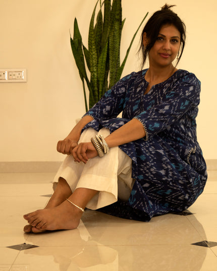 Threaded Angle – Ikkat Cotton A-Line Blue Kurti