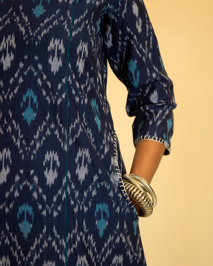 Threaded Angle – Ikkat Cotton A-Line Blue Kurti