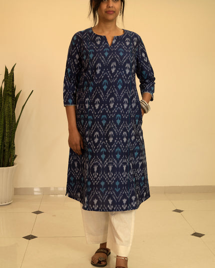 Threaded Angle – Ikkat Cotton A-Line Blue Kurti