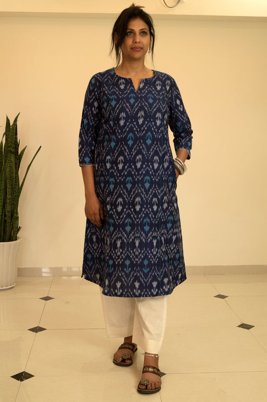 Threaded Angle – Ikkat Cotton A-Line Blue Kurti