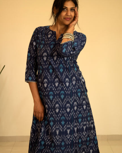 Threaded Angle – Ikkat Cotton A-Line Blue Kurti