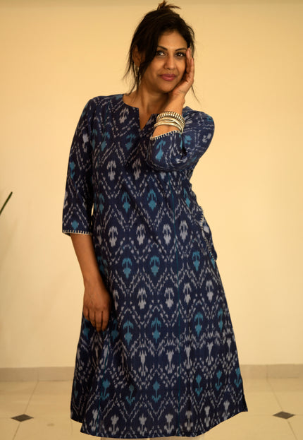 Threaded Angle – Ikkat Cotton A-Line Blue Kurti