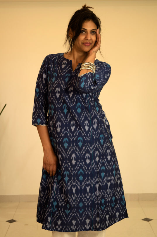 Threaded Angle – Ikkat Cotton A-Line Blue Kurti