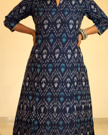 Threaded Angle – Ikkat Cotton A-Line Blue Kurti
