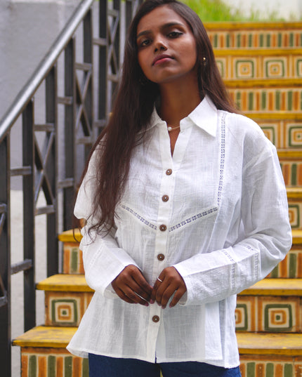 Whisper White Crochet Yoke Cotton Shirt