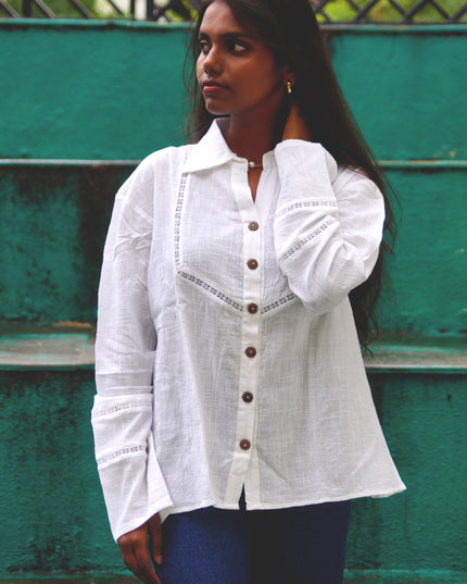 Whisper White Crochet Yoke Cotton Shirt