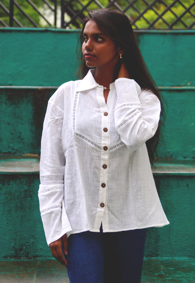 Whisper White Crochet Yoke Cotton Shirt