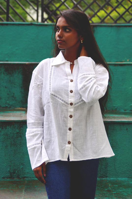 Whisper White Crochet Yoke Cotton Shirt