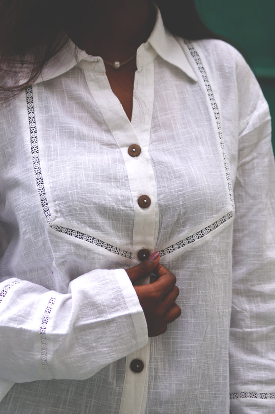 Whisper White Crochet Yoke Cotton Shirt