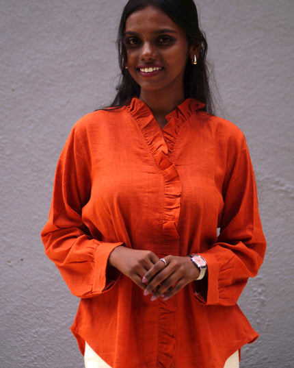 Blushfire Seersucker Ruffle Cotton Shirt