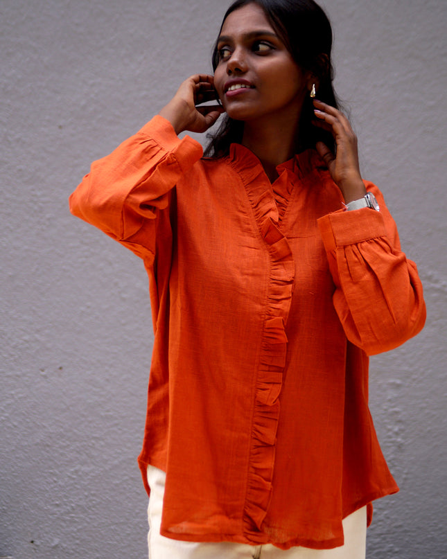 Blushfire Seersucker Ruffle Cotton Shirt