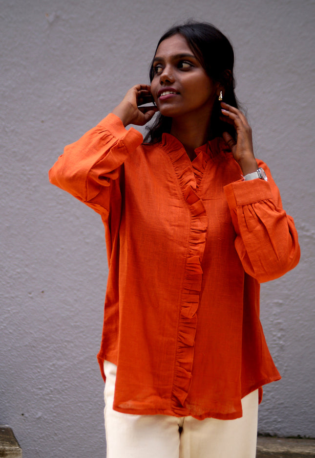 Blushfire Seersucker Ruffle Cotton Shirt