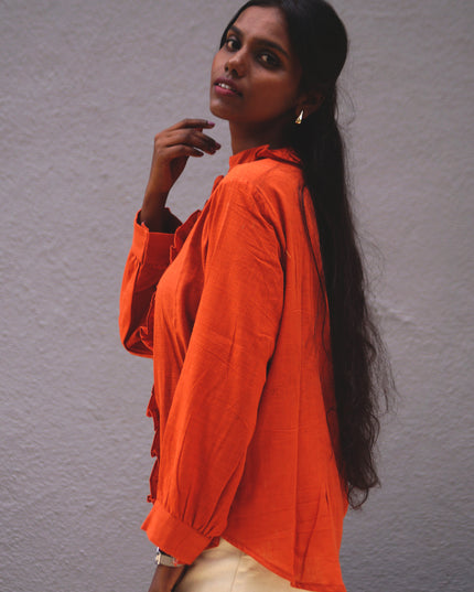 Blushfire Seersucker Ruffle Cotton Shirt