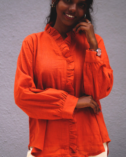 Blushfire Seersucker Ruffle Cotton Shirt