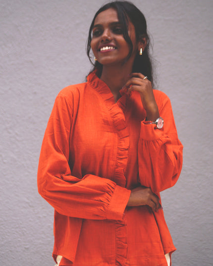 Blushfire Seersucker Ruffle Cotton Shirt