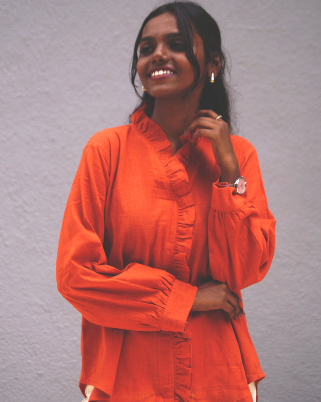 Blushfire Seersucker Ruffle Cotton Shirt