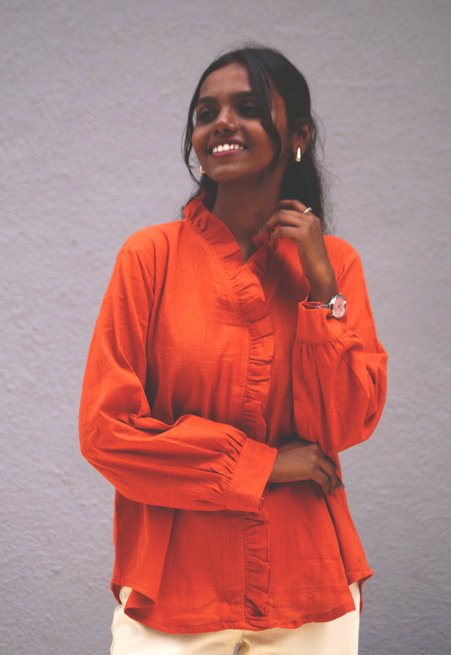 Blushfire Seersucker Ruffle Cotton Shirt