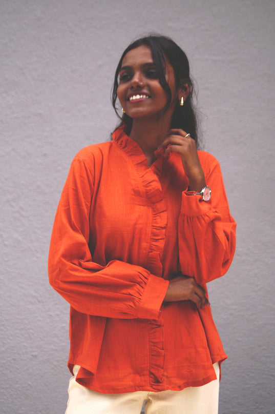 Blushfire Seersucker Ruffle Cotton Shirt