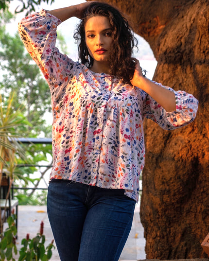 Empire-Waist Floral Shirt Top Rayon-Cotton Blend
