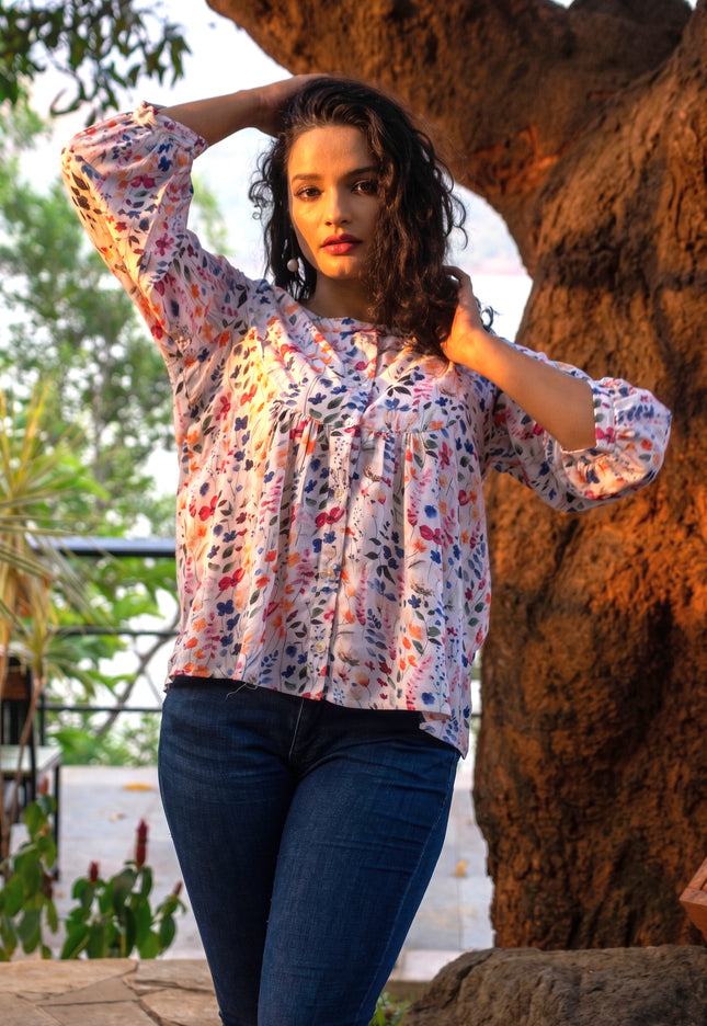 Empire-Waist Floral Shirt Top Rayon-Cotton Blend