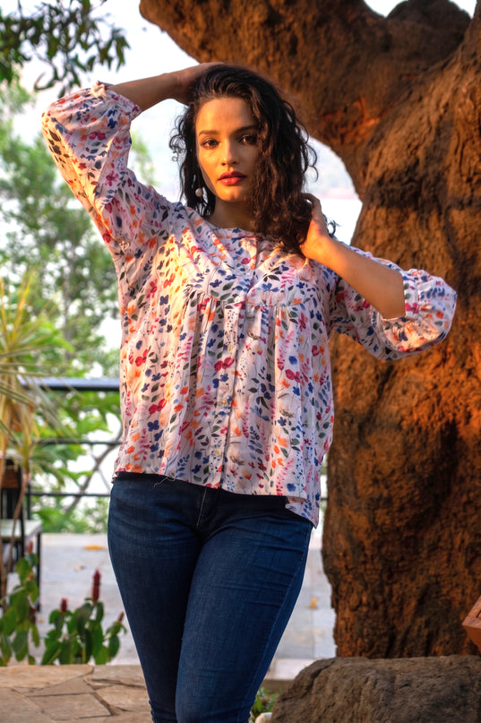 Empire-Waist Floral Shirt Top Rayon-Cotton Blend