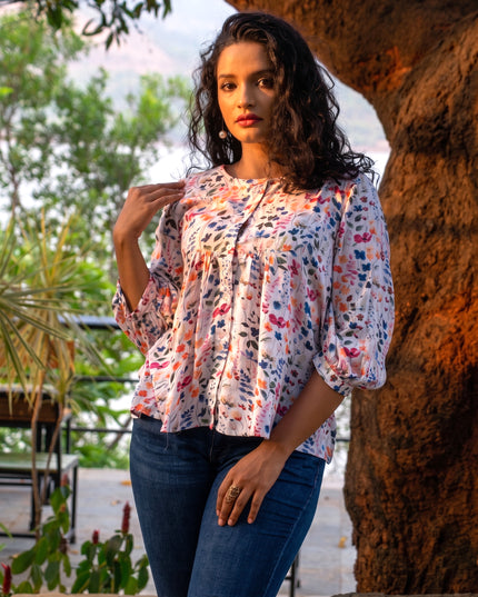 Empire-Waist Floral Shirt Top Rayon-Cotton Blend