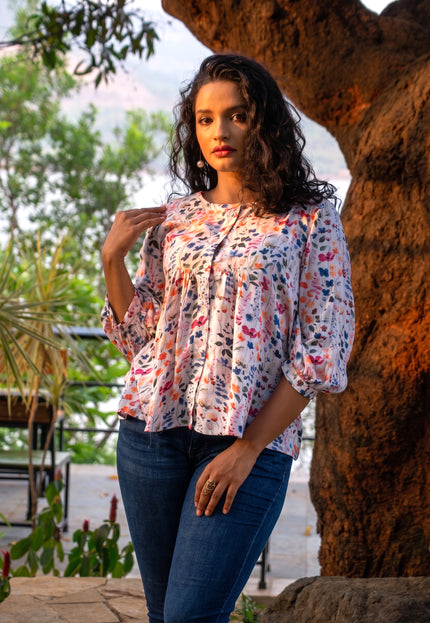 Empire-Waist Floral Shirt Top Rayon-Cotton Blend