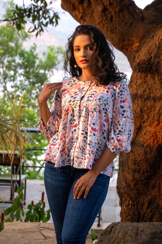 Empire-Waist Floral Shirt Top Rayon-Cotton Blend