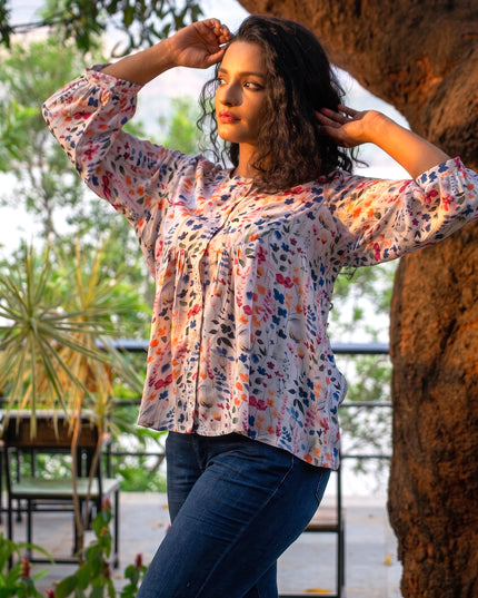Empire-Waist Floral Shirt Top Rayon-Cotton Blend