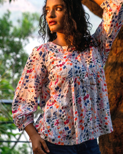 Empire-Waist Floral Shirt Top Rayon-Cotton Blend