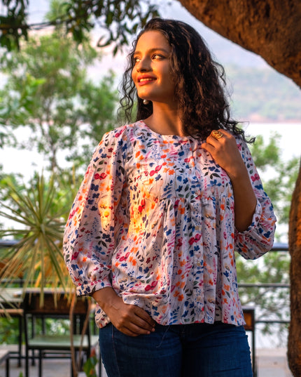 Empire-Waist Floral Shirt Top Rayon-Cotton Blend