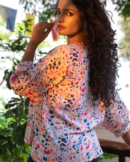 Empire-Waist Floral Shirt Top Rayon-Cotton Blend