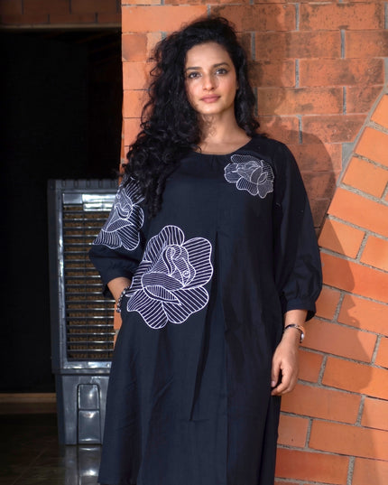 Bohemian Noir Black Midi with Artistic Blooming Rose