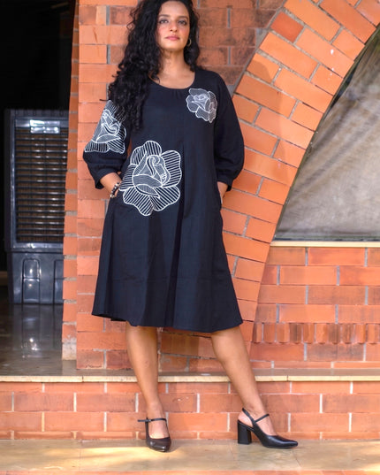 Bohemian Noir Black Midi with Artistic Blooming Rose