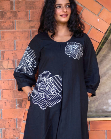 Bohemian Noir Black Midi with Artistic Blooming Rose