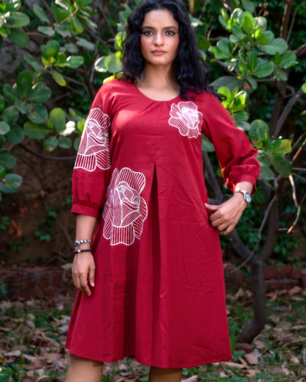 Bohemian Noir Cherry Midi with Artistic Blooming Rose