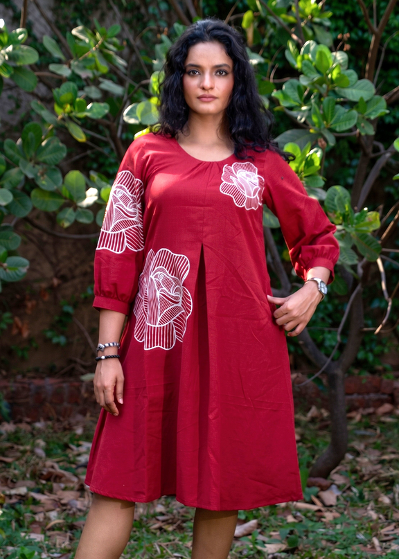 Bohemian Noir Cherry Midi with Artistic Blooming Rose