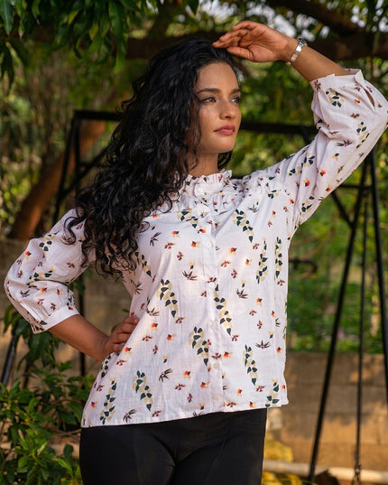 Meadow Muse Cotton Shirt Top Featuring Bishop Sleeves & Ruffle Collar