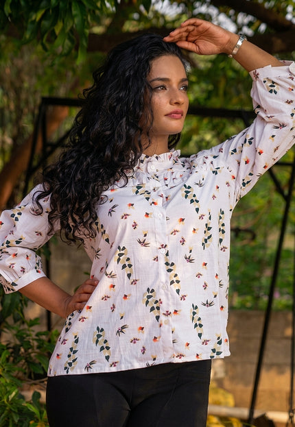 Meadow Muse Cotton Shirt Top Featuring Bishop Sleeves & Ruffle Collar
