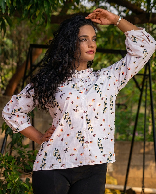 Meadow Muse Cotton Shirt Top Featuring Bishop Sleeves & Ruffle Collar
