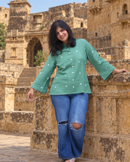 Bandhani Bliss Dusty Sage Cotton Top