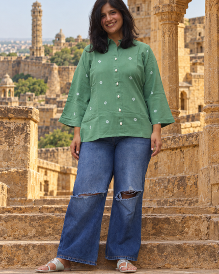 Bandhani Bliss Dusty Sage Cotton Top