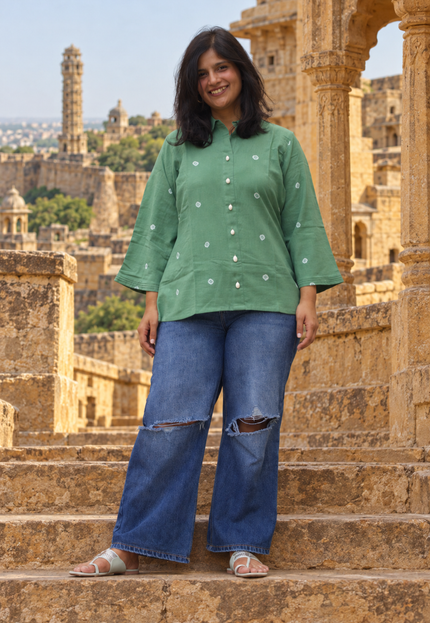 Bandhani Bliss Dusty Sage Cotton Top