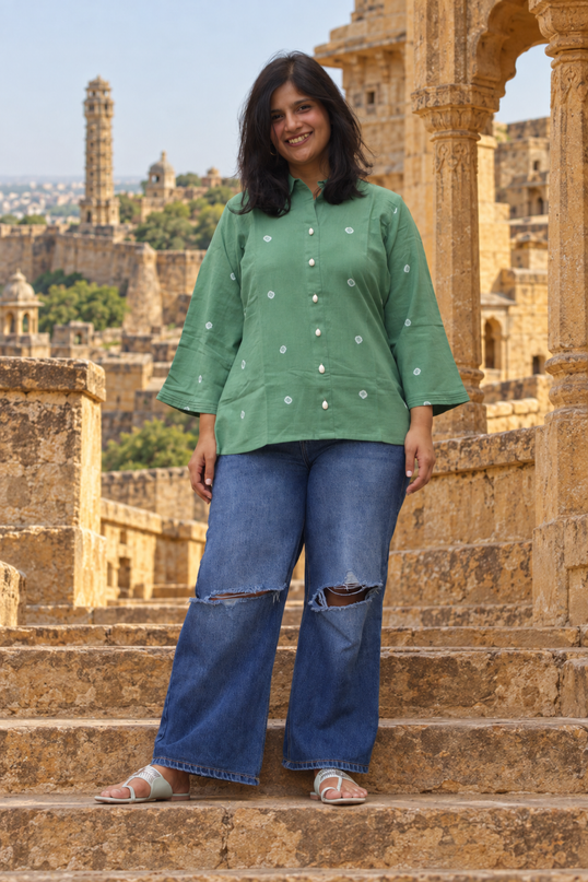 Bandhani Bliss Dusty Sage Cotton Top